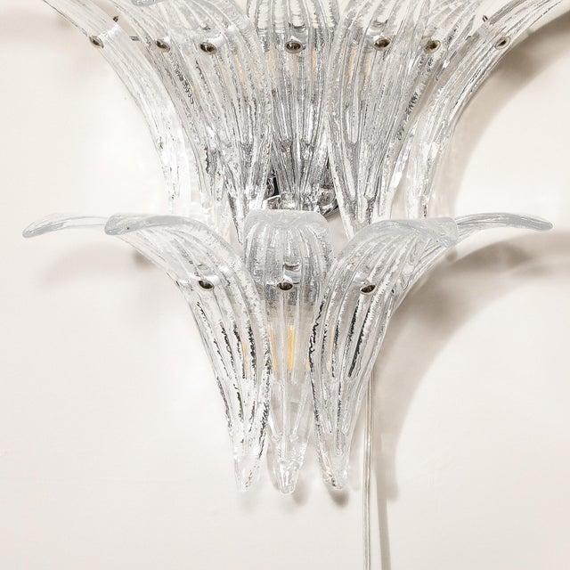 Transparent Pair of Modernist Hand-Blown Murano Clear Glass & Nickel Fitted Palma Sconces For Sale - Image 8 of 12