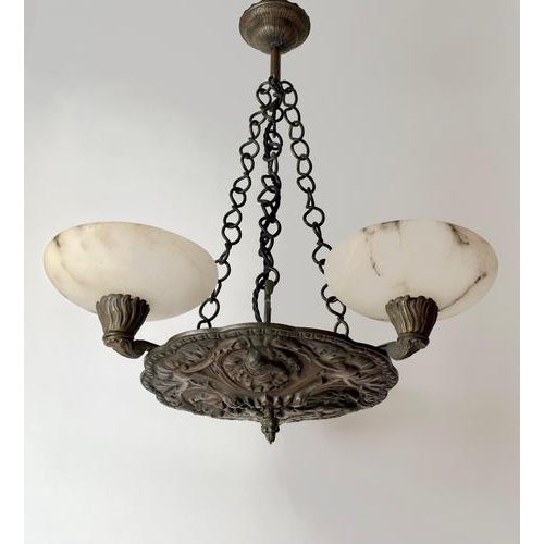 Antique Renaissance Revival Bronze and Alabaster Chandelier with Serpent Details, 1900 For Sale - Image 15 of 18