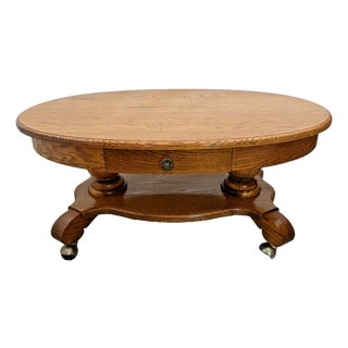 Oval Coffee Table Tiger Oak, Center Drawer, Shelf, Empire Style, Caster Wheels For Sale
