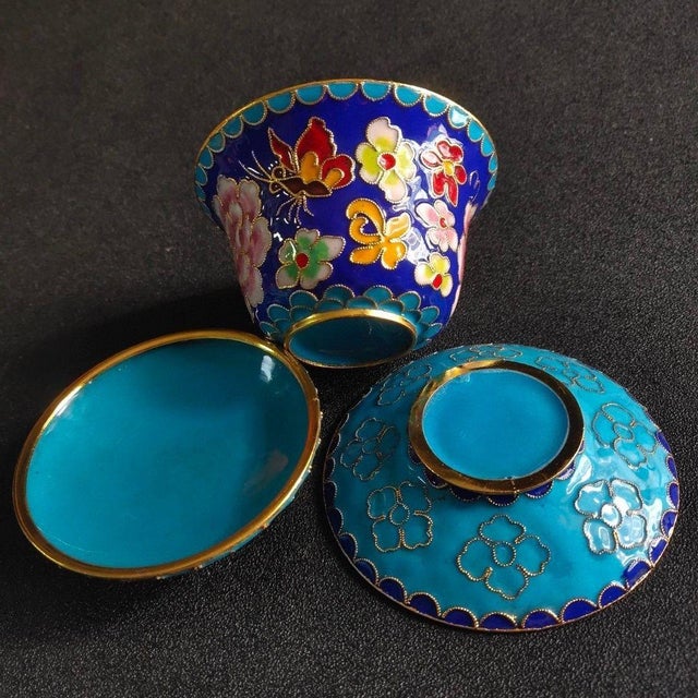 Chinese Vintage Chinese Cobalt Blue Cloisonné Enamel Floral "Three-Piece" Tea Bowl Set For Sale - Image 3 of 6