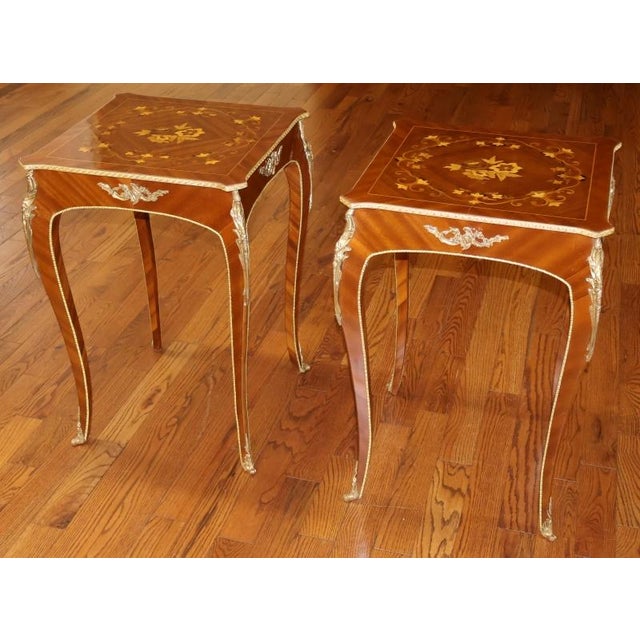 1990s Pair of French Louis XV Style Mixed Wood Inlaid Ormolu End Tables For Sale In New York - Image 6 of 12