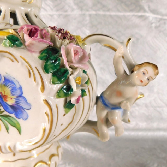 Traditional Dresden Footed Bowl With Angels and Three Dimensional Flowers For Sale - Image 3 of 18