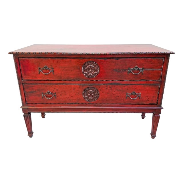 Vintage Red Lacquered Medallion 2 Drawer Commode, Chest of Drawers For Sale