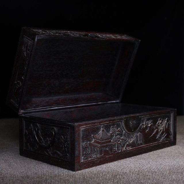 Chinese Chinese Rosewood Carved Scholar's Box With Landscape & Poetry For Sale - Image 3 of 10