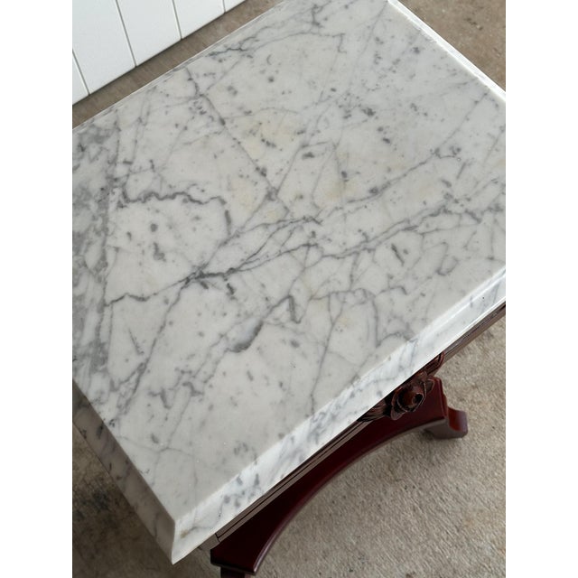 Pair of Vintage Marble-Top Lyre Pedestal Tables For Sale In Greensboro - Image 6 of 15