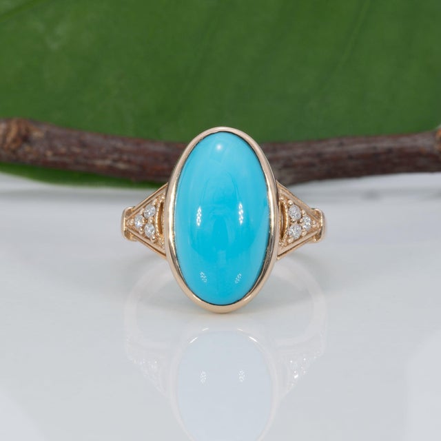 2020s 5.5Ct Sleeping Beauty Turquoise Ring With Earth Mined Diamonds in Solid 14k Gold, Size 6.75 For Sale - Image 5 of 9