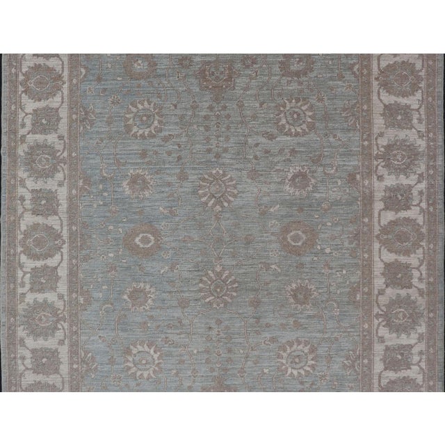 Measures: 5'9 x 7'9 Modern Oushak by Keivan Woven Arts With Floral Design on Green-Blue Field . Keivan Woven Arts/ rug...