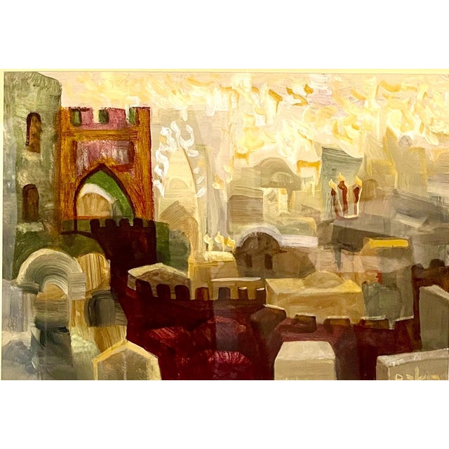 1960s David Rakia, Jewish Mystical Kabbalah Oil Painting Jerusalem Cityscape Hebrew Letters Judaica, c.1960's For Sale - Image 5 of 6