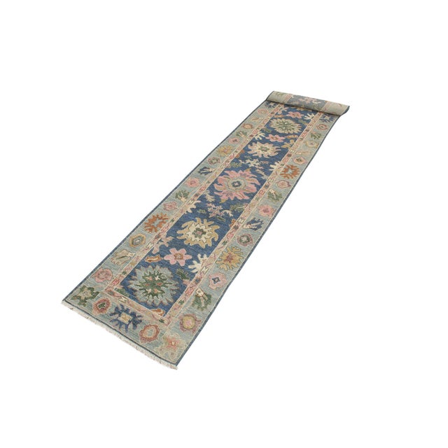 Art Deco Boho Chic Oushak Gardiner Blue/Beige Wool Rug Runner - 2'8'' X 18'11'' For Sale - Image 3 of 8