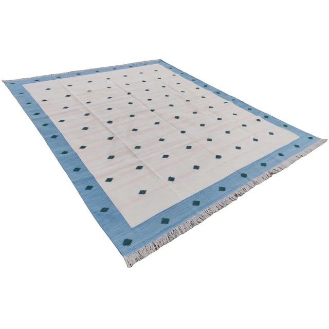 Mid-Century Modern Handmade Cotton Area Rug, Natural Vegetable Dyed White, Blue & Green Diamond Rug-5'x7' For Sale - Image 3 of 10