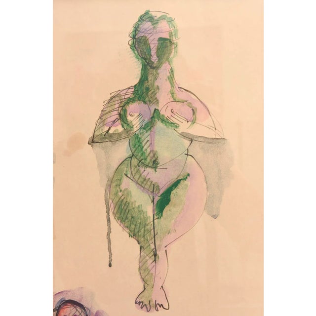 Mid-Century Modern Vintage Signed Watercolo Rby Chamberlain, Style of George Condo, Museum Custom Framed For Sale - Image 3 of 9