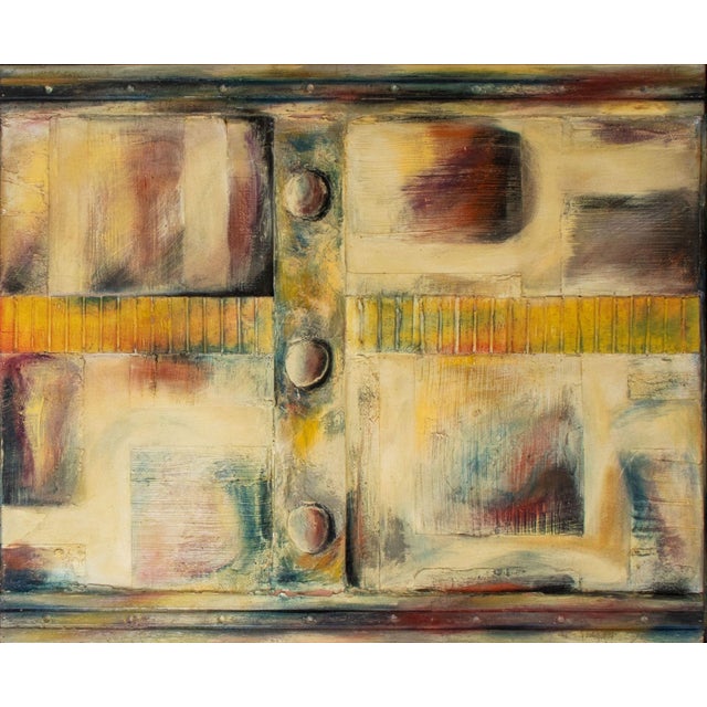 Large Found Object Abstract Mixed Media Panel, colorful abstract composition within black painted frame. Overall: 50.75" H...