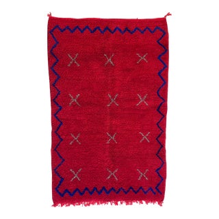 Bold Red Moroccan Wool Shag Rug Beni Ourain, Hand Knotted Boho Chic For Sale