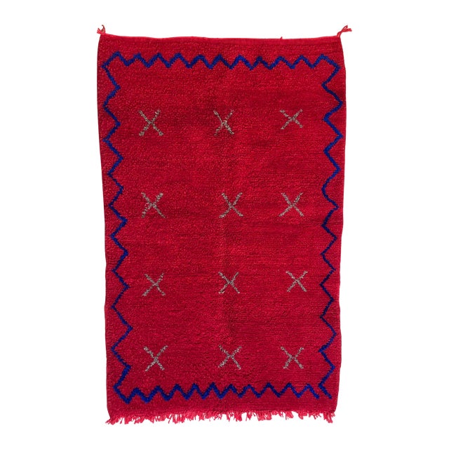 Bold Red Moroccan Wool Shag Rug Beni Ourain, Hand Knotted Boho Chic For Sale