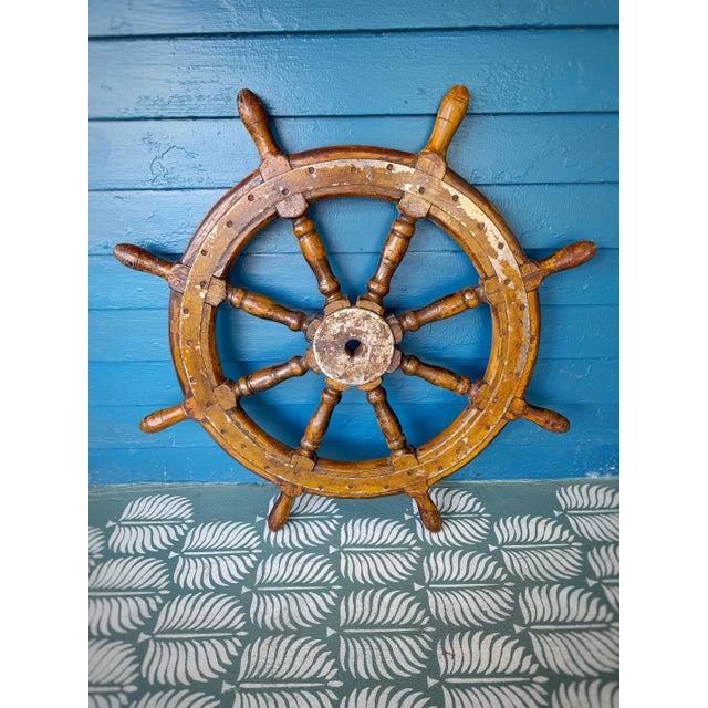 Large Vintage Wooden Ship Wheel 38.5” Nautical Helm W/ Patina For Sale In Atlanta - Image 6 of 12