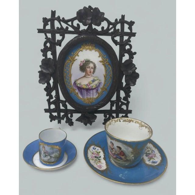 French Antique French Sevres Celest Porcelain Framed Plaque Hand Painted Tea Coffee Cup For Sale - Image 3 of 11