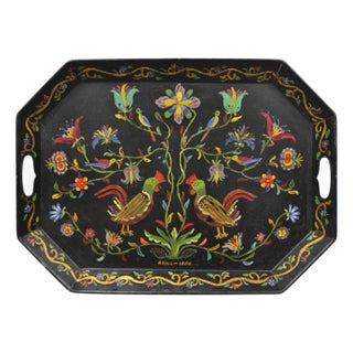 Vintage Lida Bell Clark French Country Pa Dutch Hand Painted Toleware Metal Tray For Sale