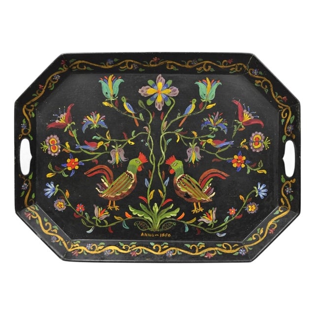Vintage Lida Bell Clark French Country Pa Dutch Hand Painted Toleware Metal Tray For Sale