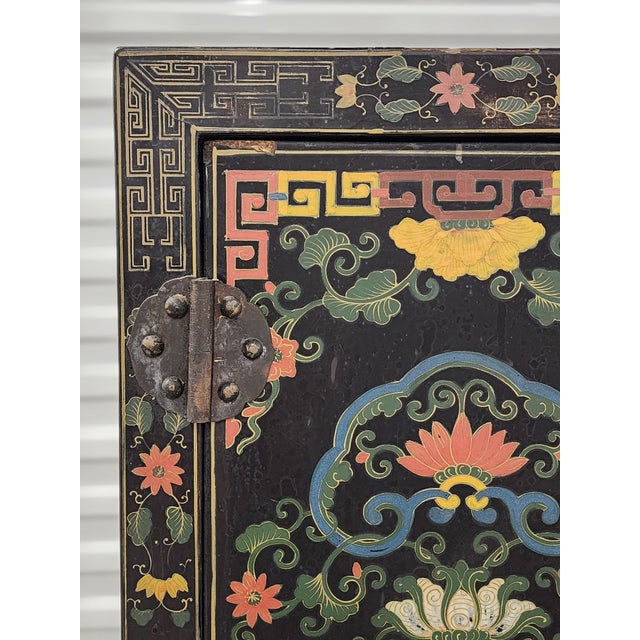 Black Vintage Asian Polychrome Lacquered Cabinet For Sale - Image 8 of 12
