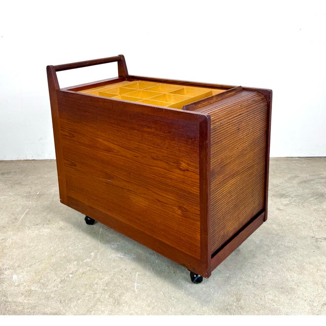 Mid Century Danish Modern Teak Tambour Door Craft / Sewing / Art / Bar Cart For Sale - Image 11 of 12