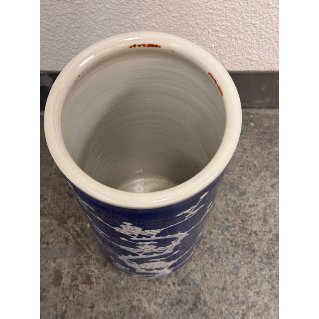 Asian Chinoiserie Style Blue + White Ceramic Umbrella Stand, Vintage For Sale - Image 3 of 12