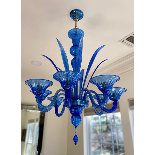1980s Blue Murano Style Glass Chandelier With 8 Leaves and 8 Lighted Arms, Hand Blown in Murano Italy For Sale - Image 11 of 11