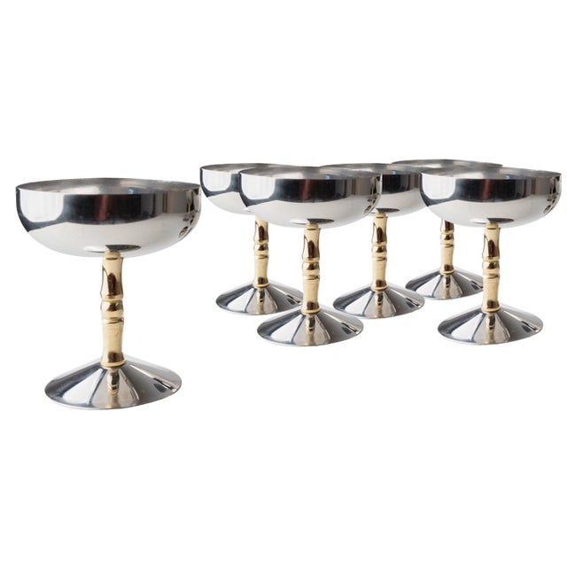 Vintage Stainless Steel Champagne Bowls in Bamboo, Italy, 1970s, Set of 6 For Sale