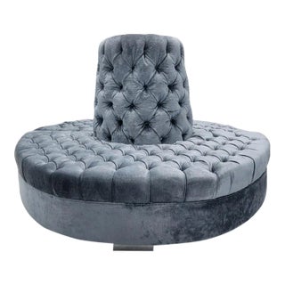 Vintage Tufted Banquette Settee Lobby Sofa Newly Upholstered in Blue Velvet For Sale