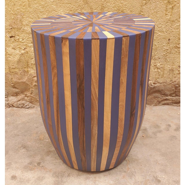 Contemporary Traditional Moroccan Resin and Walnut Wood Stool / Blue Bell Shape For Sale In Orlando - Image 6 of 6
