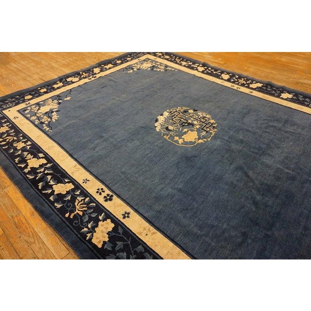 Royal Blue 1920s Antique Blue Medallion Oriental Chinese Peking Hand Knotted Rug For Sale - Image 8 of 12