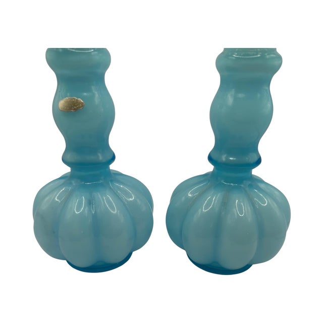 1960s Vintage Blue Opalescent Glass Perfume Bottles With Melon-Ribbed Design by Fenton Art Glass Company - A Pair For Sale - Image 5 of 12
