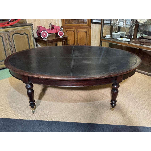 Large English Library Table in Dark Walnut with Leather Top, 1920s For Sale - Image 16 of 18