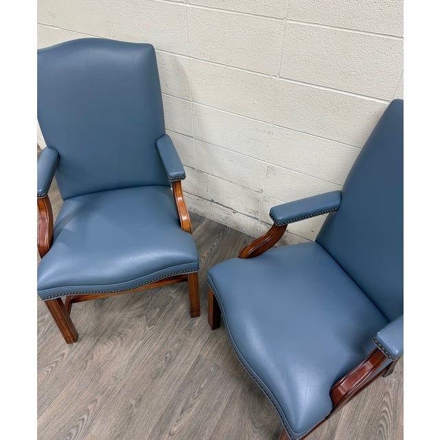 Wood Vintage Chippendale Style Blue Leather and Nailhead Executive Armchairs - Pair For Sale - Image 7 of 11