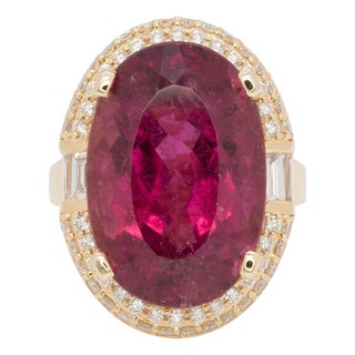 15.5Ct Rubellite Tourmaline Ring With Earth Mined Diamonds Halo, Size 6.75 For Sale