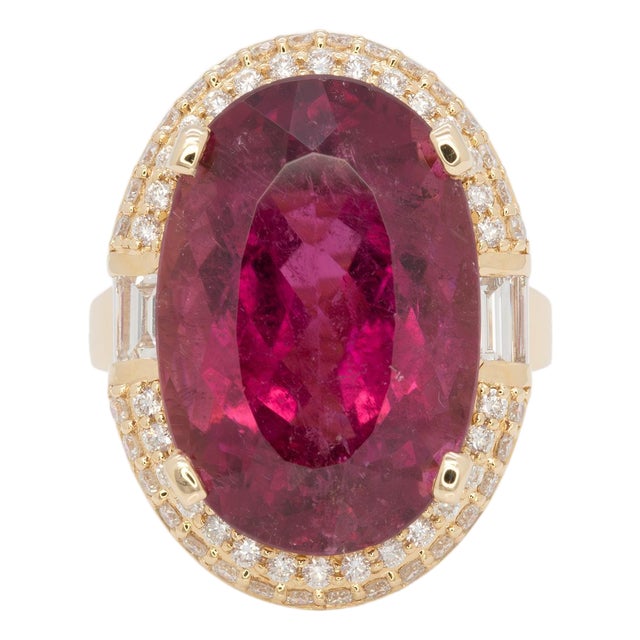 15.5Ct Rubellite Tourmaline Ring With Earth Mined Diamonds Halo, Size 6.75 For Sale