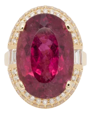 15.5Ct Rubellite Tourmaline Ring With Earth Mined Diamonds Halo, Size 6.75