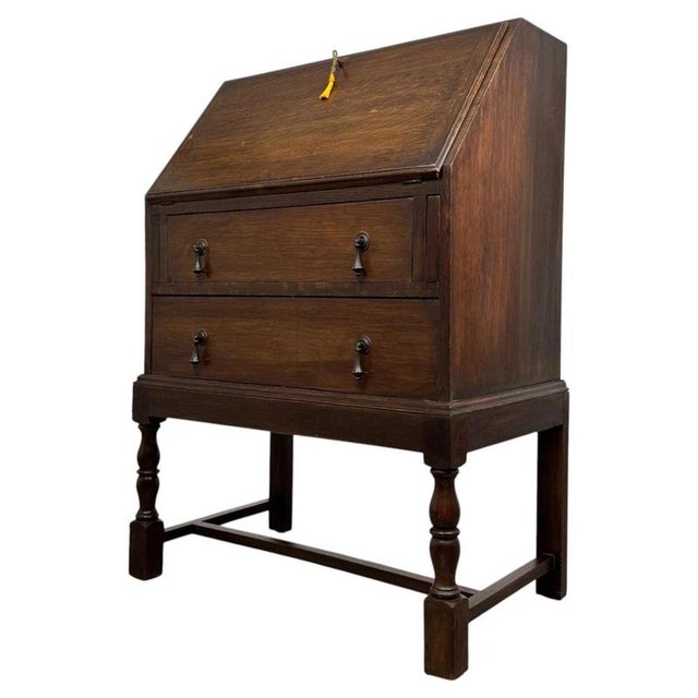 Antique Early 20th Century Edwardian Oak Bureau For Sale - Image 4 of 14