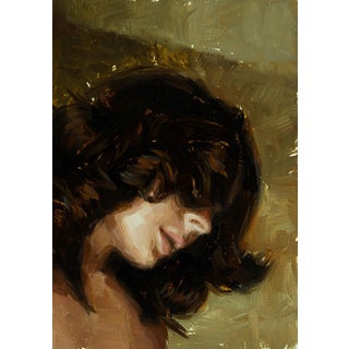 Reticent by Mark Bradley Schwartz | Oil Painting of a woman with flowing hair and downcast gaze For Sale