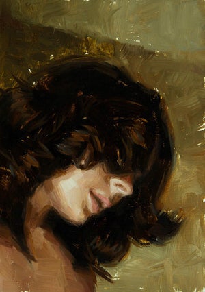 Reticent by Mark Bradley Schwartz | Oil Painting of a woman with flowing hair and downcast gaze