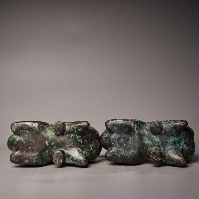Pair of Antique Bronze Ram Vessels With Gold and Silver Inlay, 3800g Total For Sale In Los Angeles - Image 6 of 10