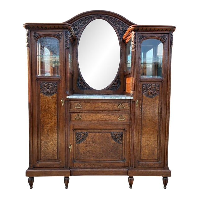 Antique French Art Nouveau Curio Cabinet Hutch China Breakfront Oak Side by Side For Sale