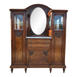 Antique French Art Nouveau Curio Cabinet Hutch China Breakfront Oak Side by Side