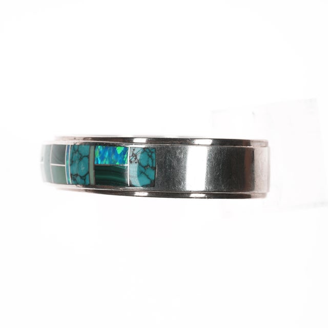 6 3/8" c1990's Teme Navajo sterling channel inlay cuff bracelet For Sale In Austin - Image 6 of 11