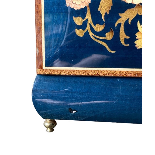 1970s Vintage Dark Blue Italian Wood Inlay Musical Box For Sale - Image 4 of 9