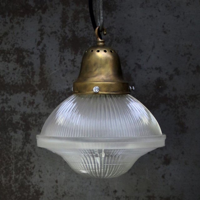 1950s Mid-Century Industrial Glass & Brass Pendant Lights from Holophane, USA For Sale - Image 5 of 8