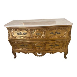 Weiman Vintage Gold Leaf Marble Top French Commode/Dresser For Sale