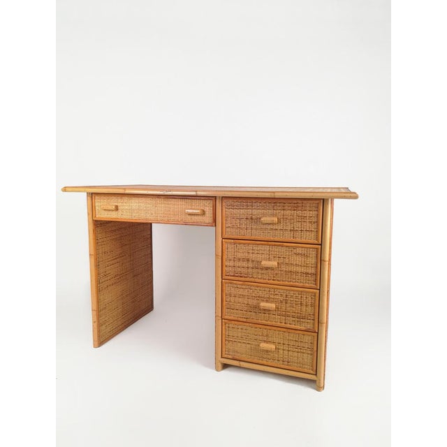 Vintage Italian Writing Desk with Drawers in Bamboo, Rattan and Plywood, 1970s For Sale - Image 12 of 18