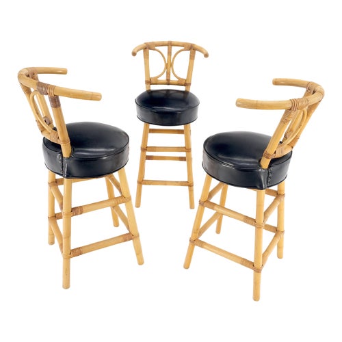 Black Vinyl Upholstery Bamboo Bar Stools Mid Century Modern MINT