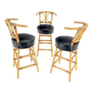 Black Vinyl Upholstery Bamboo Bar Stools Mid Century Modern MINT - Set of 3
