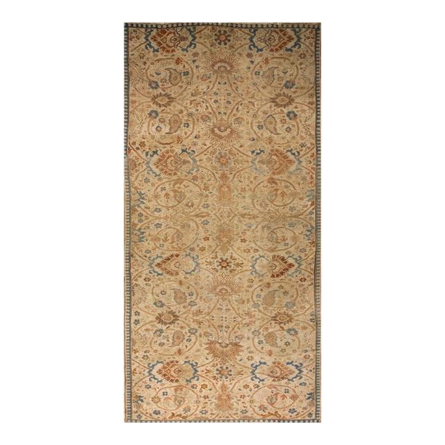 1880s Tan Ecru Floral Antique Persian Ziegler Sultanabad Rug 7' X 14' Handknotted Wool Carpet For Sale